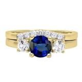 10K Yellow Gold 6 MM Round Garnet White Sapphire & Diamond Ladies Engagement Ring Set