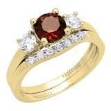 14K Yellow Gold 6 MM Round Garnet White Sapphire & Diamond Ladies Engagement Ring Set