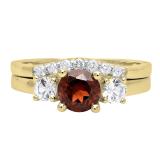 14K Yellow Gold 6 MM Round Garnet White Sapphire & Diamond Ladies Engagement Ring Set