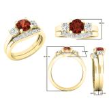 14K Yellow Gold 6 MM Round Garnet White Sapphire & Diamond Ladies Engagement Ring Set