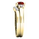 14K Yellow Gold 6 MM Round Garnet White Sapphire & Diamond Ladies Engagement Ring Set