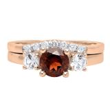 18K Rose Gold 6 MM Round Garnet White Sapphire & Diamond Ladies Engagement Ring Set