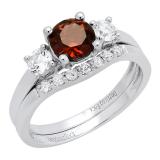 18K White Gold 6 MM Round Garnet White Sapphire & Diamond Ladies Engagement Ring Set