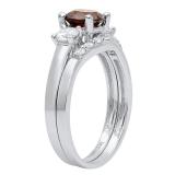 18K White Gold 6 MM Round Garnet White Sapphire & Diamond Ladies Engagement Ring Set