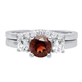 18K White Gold 6 MM Round Garnet White Sapphire & Diamond Ladies Engagement Ring Set