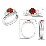 18K White Gold 6 MM Round Garnet White Sapphire & Diamond Ladies Engagement Ring Set