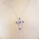 10K White Gold Round Blue Sapphire & Diamond Ladies Floral Cross Pendant (Silver Chain Included)
