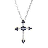 10K Yellow Gold Round Blue Sapphire & Diamond Ladies Floral Cross Pendant (Silver Chain Included)