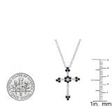 10K Yellow Gold Round Blue Sapphire & Diamond Ladies Floral Cross Pendant (Silver Chain Included)