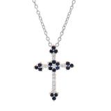 18K Rose Gold Round Blue Sapphire & Diamond Ladies Floral Cross Pendant (Silver Chain Included)