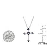 18K Rose Gold Round Blue Sapphire & Diamond Ladies Floral Cross Pendant (Silver Chain Included)