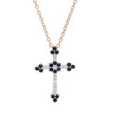 10K Rose Gold Round Blue Sapphire & Diamond Ladies Floral Cross Pendant (Gold Chain Included)