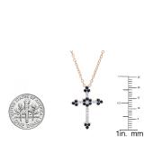 10K Rose Gold Round Blue Sapphire & Diamond Ladies Floral Cross Pendant (Gold Chain Included)