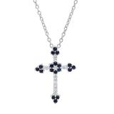 10K White Gold Round Blue Sapphire & Diamond Ladies Floral Cross Pendant (Gold Chain Included)