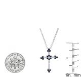 10K White Gold Round Blue Sapphire & Diamond Ladies Floral Cross Pendant (Gold Chain Included)