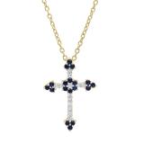 10K Yellow Gold Round Blue Sapphire & Diamond Ladies Floral Cross Pendant (Gold Chain Included)