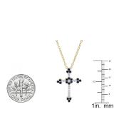 10K Yellow Gold Round Blue Sapphire & Diamond Ladies Floral Cross Pendant (Gold Chain Included)