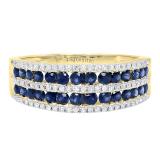 Round Blue Sapphire & Diamond Ladies Bridal Multi Row Wedding Band 10K Yellow Gold