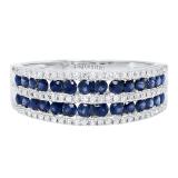 Round Blue Sapphire & Diamond Ladies Bridal Multi Row Wedding Band 18K White Gold