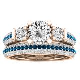 10K Rose Gold Round White Sapphire Blue & White Diamond Bridal Engagement Ring Set