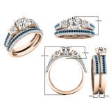 10K Rose Gold Round White Sapphire Blue & White Diamond Bridal Engagement Ring Set