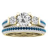 10K Yellow Gold Round White Sapphire Blue & White Diamond Bridal Engagement Ring Set