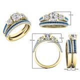 10K Yellow Gold Round White Sapphire Blue & White Diamond Bridal Engagement Ring Set