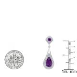 Sterling Silver 9X6 MM Pear & Round Amethyst Ladies Vintage Dangling Drop Earrings