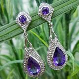 Sterling Silver 9X6 MM Pear & Round Amethyst Ladies Vintage Dangling Drop Earrings
