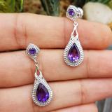 Sterling Silver 9X6 MM Pear & Round Amethyst Ladies Vintage Dangling Drop Earrings