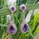 Sterling Silver 9X6 MM Pear & Round Amethyst Ladies Vintage Dangling Drop Earrings