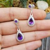 Sterling Silver 9X6 MM Pear & Round Amethyst Ladies Vintage Dangling Drop Earrings