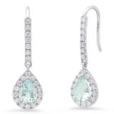 14K White Gold 7X5 MM Each Pear Aquamarine & Round Diamond Ladies Dangling Drop Earrings
