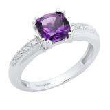 10K White Gold 7 MM Cushion Amethyst & Round White Diamond Ladies Engagement Promise Ring