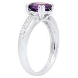 10K White Gold 7 MM Cushion Amethyst & Round White Diamond Ladies Engagement Promise Ring