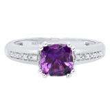 10K White Gold 7 MM Cushion Amethyst & Round White Diamond Ladies Engagement Promise Ring