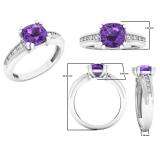 10K White Gold 7 MM Cushion Amethyst & Round White Diamond Ladies Engagement Promise Ring