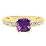 10K Yellow Gold 7 MM Cushion Amethyst & Round White Diamond Ladies Engagement Promise Ring