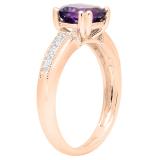 18K Rose Gold 7 MM Cushion Amethyst & Round White Diamond Ladies Engagement Promise Ring
