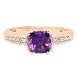 18K Rose Gold 7 MM Cushion Amethyst & Round White Diamond Ladies Engagement Promise Ring
