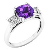 10K White Gold 7 MM Cushion Amethyst & Princess Diamond Ladies Bridal 3 Stone Engagement Ring