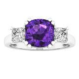 10K White Gold 7 MM Cushion Amethyst & Princess Diamond Ladies Bridal 3 Stone Engagement Ring