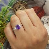 10K White Gold 7 MM Cushion Amethyst & Princess Diamond Ladies Bridal 3 Stone Engagement Ring