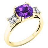 10K Yellow Gold 7 MM Cushion Amethyst & Princess Diamond Ladies Bridal 3 Stone Engagement Ring