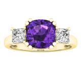 10K Yellow Gold 7 MM Cushion Amethyst & Princess Diamond Ladies Bridal 3 Stone Engagement Ring