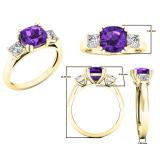 10K Yellow Gold 7 MM Cushion Amethyst & Princess Diamond Ladies Bridal 3 Stone Engagement Ring