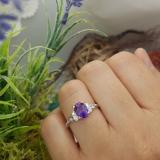 14K White Gold 7 MM Cushion Amethyst & Princess Diamond Ladies Bridal 3 Stone Engagement Ring