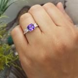 14K White Gold 7 MM Cushion Amethyst & Princess Diamond Ladies Bridal 3 Stone Engagement Ring