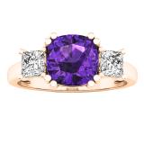 18K Rose Gold 7 MM Cushion Amethyst & Princess Diamond Ladies Bridal 3 Stone Engagement Ring