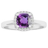 10K White Gold 5.3 MM Cushion Amethyst & Round Diamond Ladies Halo Engagement Ring